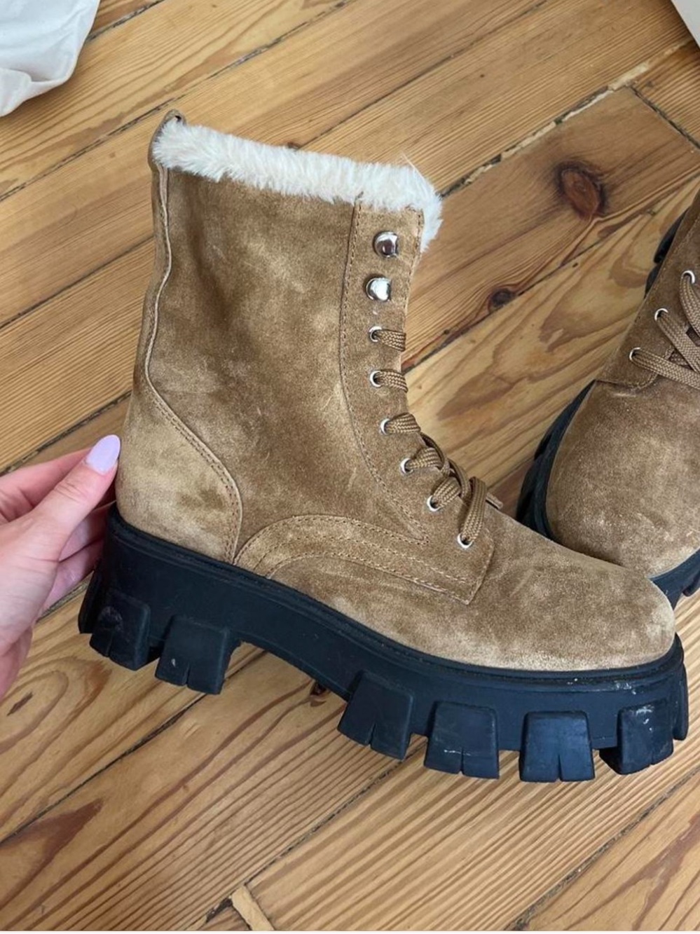 Marc Fisher Tan Suede Faux-Fur Combat Boots - Picture 2 of 4